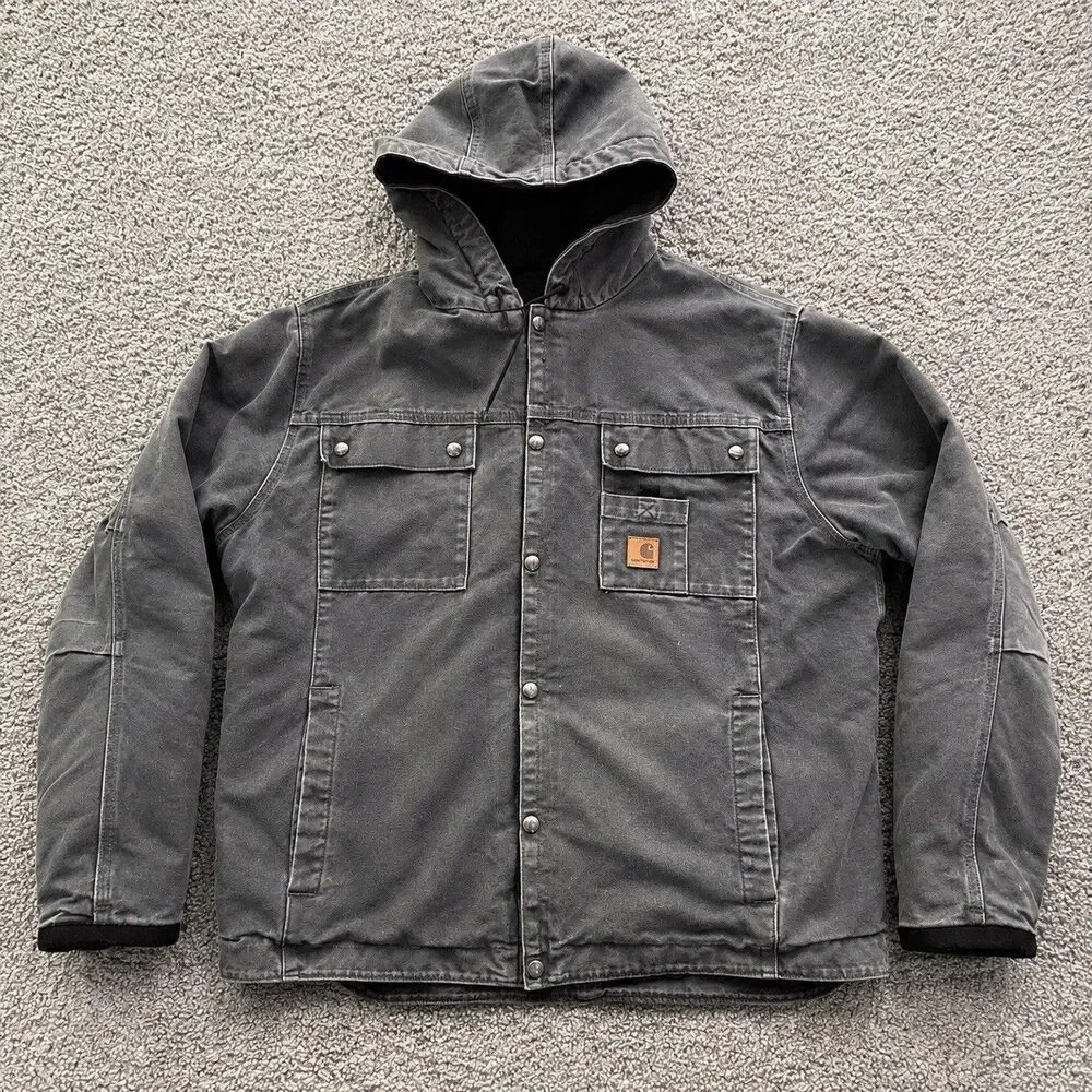 Carhartt Mens Large Black Duck Canvas Sherpa Lined Hooded Work Jacket Distressed